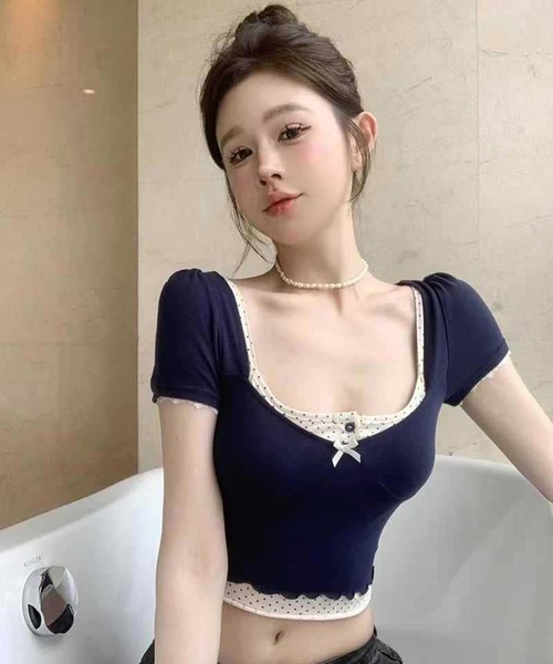 VIBGYOR(ヴィブジョー)の「【lulufa】ガーリー ショート丈 重ね着風 Y2K 半袖 フリル トップス 韓国風(CZ)(Tシャツ/カットソー・レディース・ボルドー/ブラック/ネイビー・FREE)」の17枚目の写真