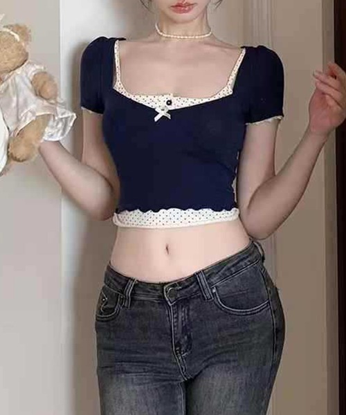 VIBGYOR(ヴィブジョー)の「【lulufa】ガーリー ショート丈 重ね着風 Y2K 半袖 フリル トップス 韓国風(CZ)(Tシャツ/カットソー・レディース・ボルドー/ブラック/ネイビー・FREE)」の16枚目の写真