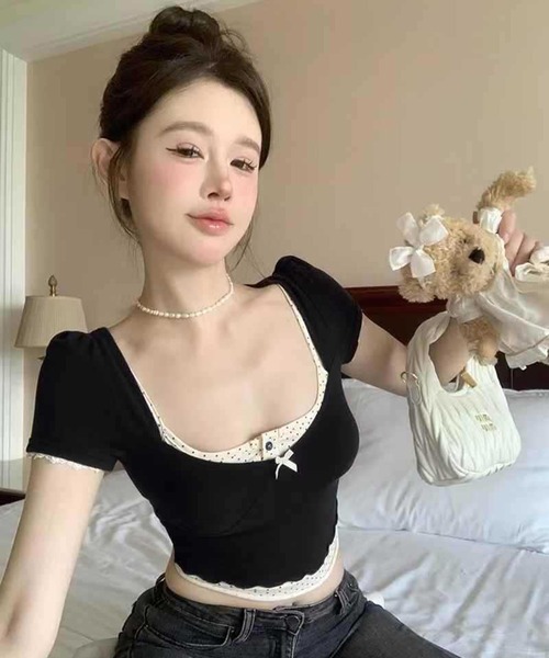 ★韓国夏ファッション★ ラウンドトルクショニングフリップ セール】【lulufa】ガーリー ショート丈 重ね着風 Y2K 半袖