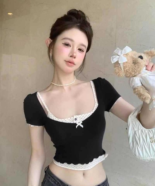 VIBGYOR(ヴィブジョー)の「【lulufa】ガーリー ショート丈 重ね着風 Y2K 半袖 フリル トップス 韓国風(CZ)(Tシャツ/カットソー・レディース・ボルドー/ブラック/ネイビー・FREE)」の10枚目の写真
