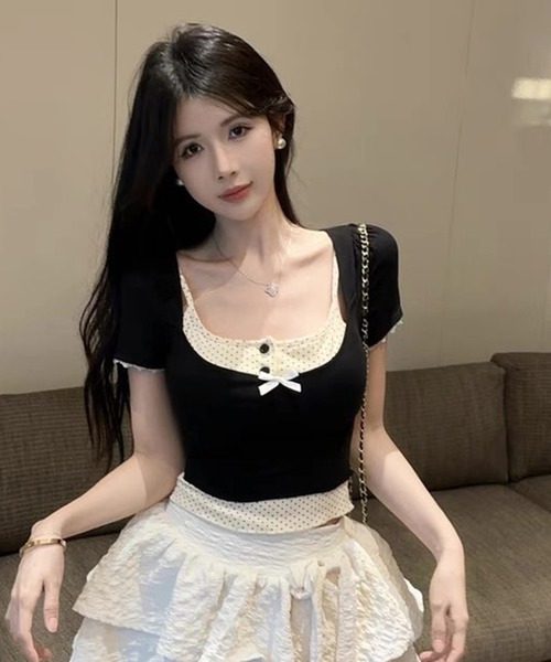 VIBGYOR(ヴィブジョー)の「【lulufa】ガーリー ショート丈 重ね着風 Y2K 半袖 フリル トップス 韓国風(CZ)(Tシャツ/カットソー・レディース・ボルドー/ブラック/ネイビー・FREE)」の9枚目の写真