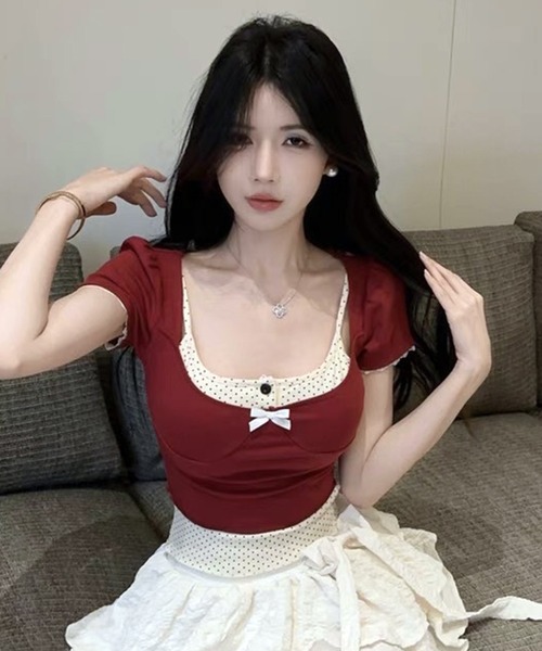 VIBGYOR(ヴィブジョー)の「【lulufa】ガーリー ショート丈 重ね着風 Y2K 半袖 フリル トップス 韓国風(CZ)(Tシャツ/カットソー・レディース・ボルドー/ブラック/ネイビー・FREE)」の5枚目の写真