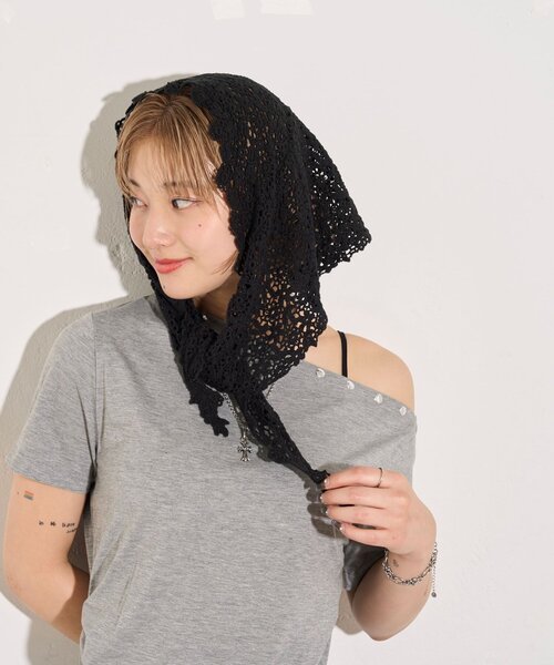 WHO'S WHO gallery(フーズフーギャラリー)の「マルチウェイコットンレースバブーシュカ(その他ヘアアクセサリー・レディース・ブラック/オフホワイト・FREE)」の8枚目の写真