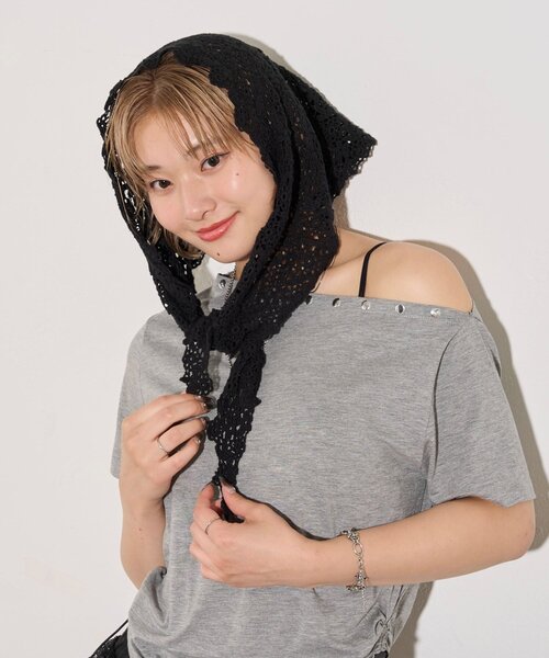 WHO'S WHO gallery(フーズフーギャラリー)の「マルチウェイコットンレースバブーシュカ(その他ヘアアクセサリー・レディース・ブラック/オフホワイト・FREE)」の9枚目の写真