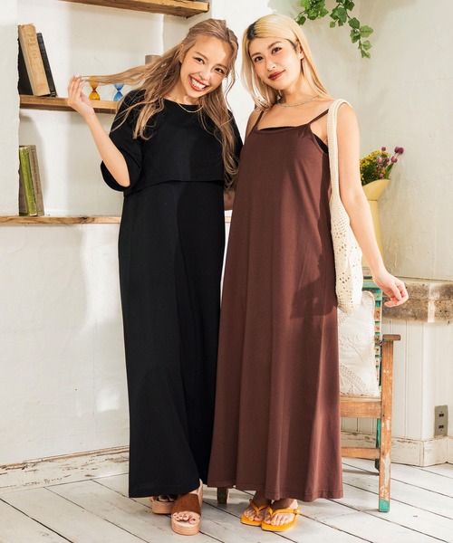 anap mimpi（アナップミンピ）の「【セット】バックオープン ショート丈 Tシャツ & キャミソール ワンピース セット（ワンピース・レディース・ブラウン/ブルー/ブラック・FREE）」の4枚目の写真