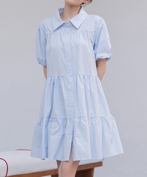 DAY CLOSET(デイ クローゼット)の「レディース 2WAY半袖ティアードチュニックシャツワンピース(シャツワンピース・レディース・ブルー系その他/ホワイト/ブラック・L/M)」の1枚目の写真