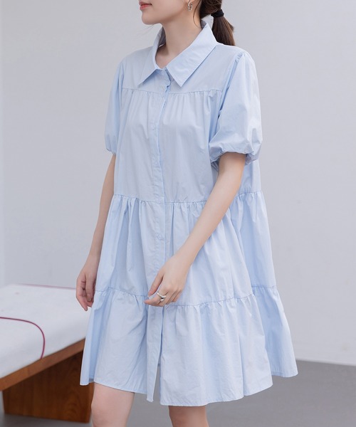 DAY CLOSET(デイ クローゼット)の「レディース 2WAY半袖ティアードチュニックシャツワンピース(シャツワンピース・レディース・ブルー系その他/ホワイト/ブラック・L/M)」の10枚目の写真