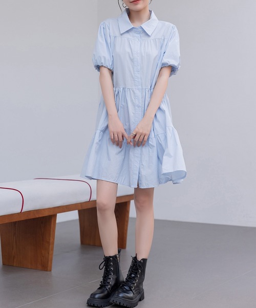 DAY CLOSET(デイ クローゼット)の「レディース 2WAY半袖ティアードチュニックシャツワンピース(シャツワンピース・レディース・ブルー系その他/ホワイト/ブラック・L/M)」の12枚目の写真