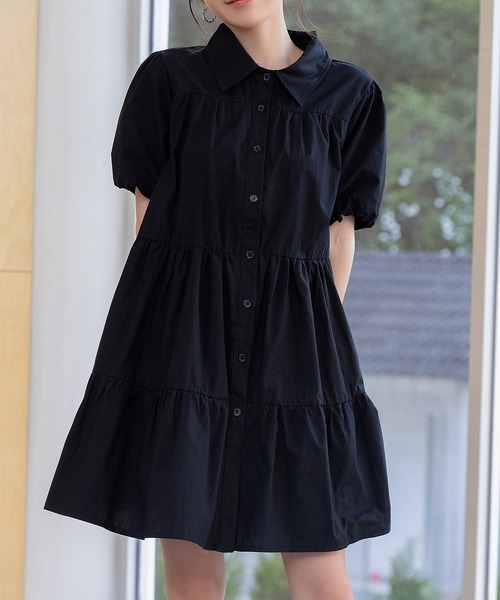 DAY CLOSET(デイ クローゼット)の「レディース 2WAY半袖ティアードチュニックシャツワンピース(シャツワンピース・レディース・ブルー系その他/ホワイト/ブラック・L/M)」の14枚目の写真