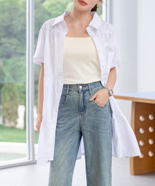 DAY CLOSET(デイ クローゼット)の「レディース 2WAY半袖ティアードチュニックシャツワンピース(シャツワンピース・レディース・ブルー系その他/ホワイト/ブラック・L/M)」の21枚目の写真