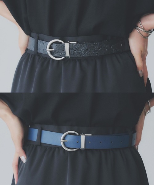 HARE(ハレ)の「フラワーガラリバーシブルベルト(HARE)(ベルト・レディース・ブラック×ブルー/ブラック/ブラウン・FREE)」の2枚目の写真