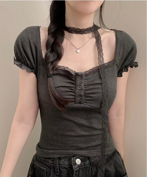 gossip!ロサンゼルス(ゴシップロサンゼルス)の「Y2K レースタイセット ロマンティックトップス(Tシャツ/カットソー・レディース・グレー/ホワイト・FREE)」の1枚目の写真