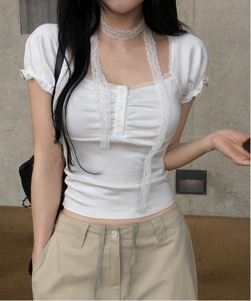 gossip!ロサンゼルス(ゴシップロサンゼルス)の「Y2K レースタイセット ロマンティックトップス(Tシャツ/カットソー・レディース・グレー/ホワイト・FREE)」の12枚目の写真