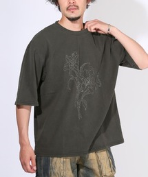 ピグメントハードウォッシュ花刺繍半袖Tシャツ