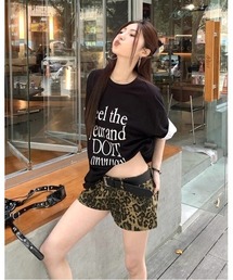 袖ストライプロゴプリントルーズTシャツ