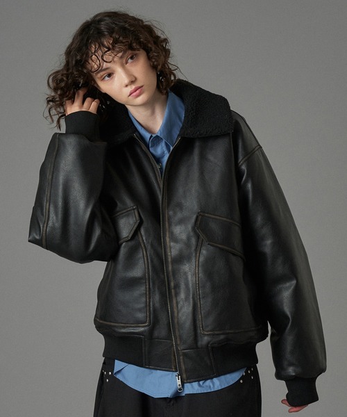 ONCILY（オンシェリー）の「BOA ARTIFICIAL FLIGHT BLOUSON / ボアアーティフィシャルフライトブルゾン（ブルゾン・メンズ・ブラック/ブラック系その他/ブラウン・SMALL/MEDIUM/LARGE）」の7枚目の写真