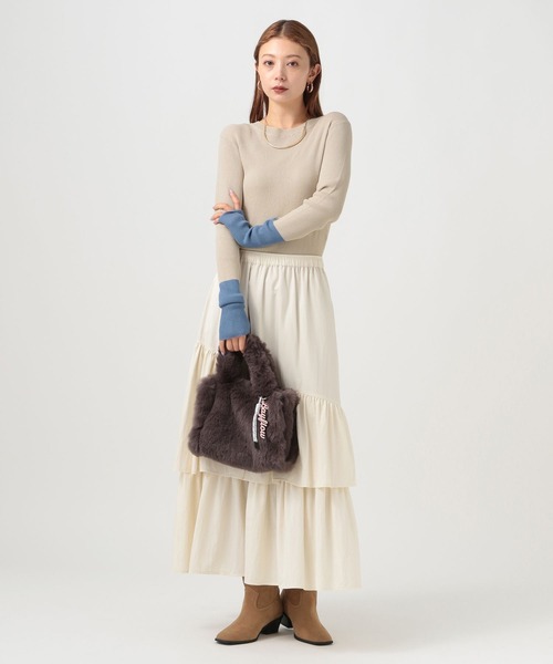 BAYFLOW（ベイフロー）の「[秋口まで活躍]バイカラーロングスリーブシアーニット（ニット/セーター・レディース・グレイッシュベージュ/オフホワイト/ブラック・FREE）」の5枚目の写真