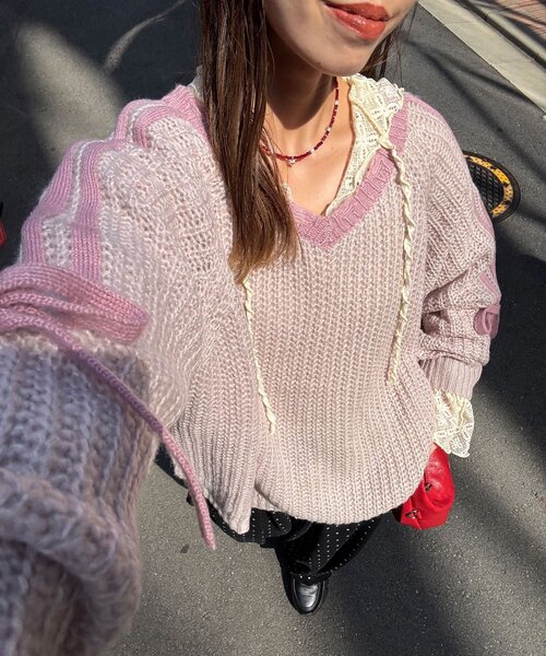 CIAOPANIC（チャオパニック）の「【WEB限定】袖ラインリボンラグランニット（ニット/セーター・レディース・イエロー/レッド/ベージュ/パープル/オフホワイト/グレー/ブラウン・ONE SIZE）」の5枚目の写真