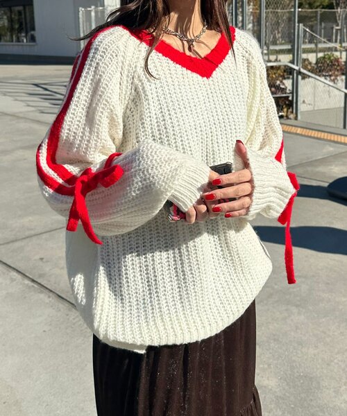 CIAOPANIC（チャオパニック）の「【WEB限定】袖ラインリボンラグランニット（ニット/セーター・レディース・イエロー/レッド/ベージュ/パープル/オフホワイト/グレー/ブラウン・ONE SIZE）」の8枚目の写真