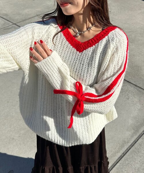 CIAOPANIC（チャオパニック）の「【WEB限定】袖ラインリボンラグランニット（ニット/セーター・レディース・イエロー/レッド/ベージュ/パープル/オフホワイト/グレー/ブラウン・ONE SIZE）」の10枚目の写真