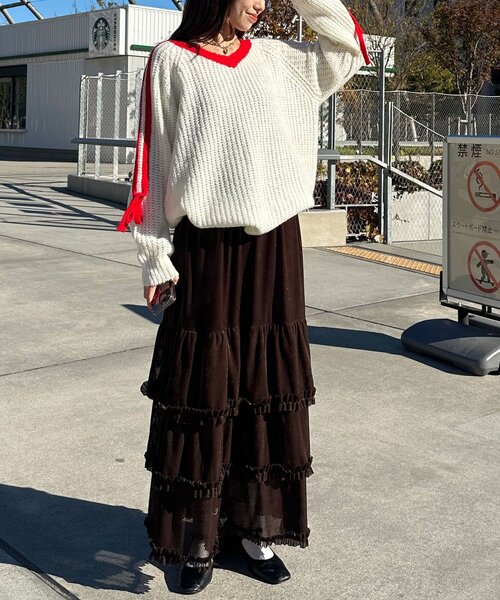 CIAOPANIC（チャオパニック）の「【WEB限定】袖ラインリボンラグランニット（ニット/セーター・レディース・イエロー/レッド/ベージュ/パープル/オフホワイト/グレー/ブラウン・ONE SIZE）」の12枚目の写真