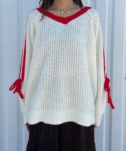 CIAOPANIC（チャオパニック）の「【WEB限定】袖ラインリボンラグランニット（ニット/セーター・レディース・イエロー/レッド/ベージュ/パープル/オフホワイト/グレー/ブラウン・ONE SIZE）」の14枚目の写真