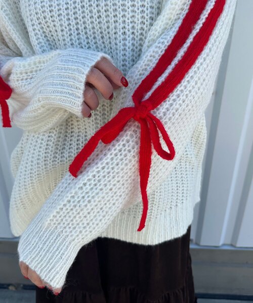 CIAOPANIC（チャオパニック）の「【WEB限定】袖ラインリボンラグランニット（ニット/セーター・レディース・イエロー/レッド/ベージュ/パープル/オフホワイト/グレー/ブラウン・ONE SIZE）」の18枚目の写真