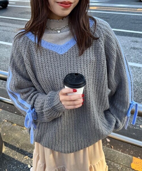 CIAOPANIC（チャオパニック）の「【WEB限定】袖ラインリボンラグランニット（ニット/セーター・レディース・イエロー/レッド/ベージュ/パープル/オフホワイト/グレー/ブラウン・ONE SIZE）」の21枚目の写真