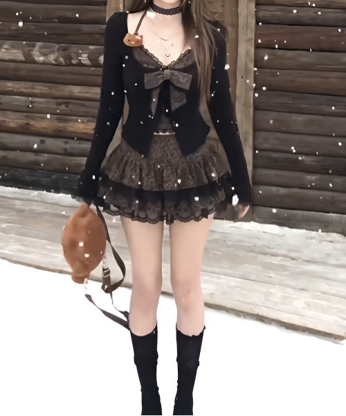 セール】【上下2点セット】ヒョウ柄フロントリボンレース長袖トップス