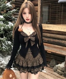 黒 ヒョウ柄 レースアップ 長袖トップス 黒 ヒョウ柄 レースアップ 長袖トップス