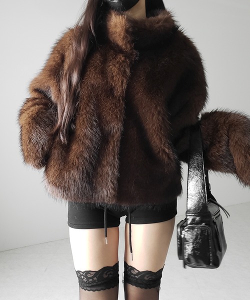 metem select ジップアップスタンドカラーショートフェイクファーコート ジップアップスタンドカラーショートフェイクファーコート