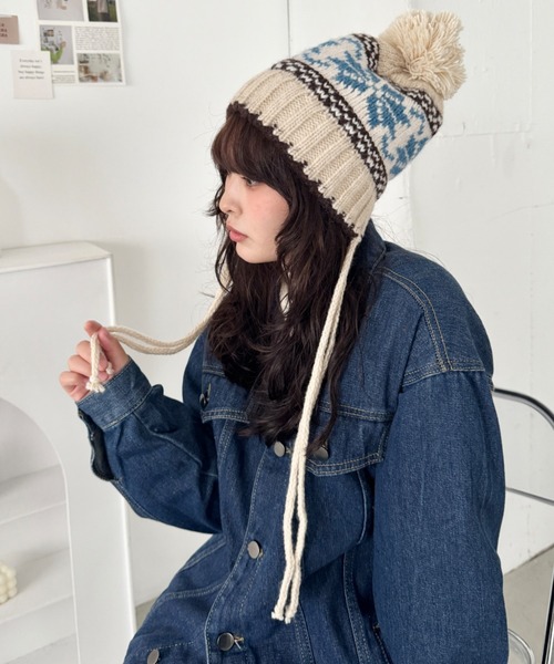 セール】ノルディック柄ニットビーニー（ニットキャップ/ビーニー