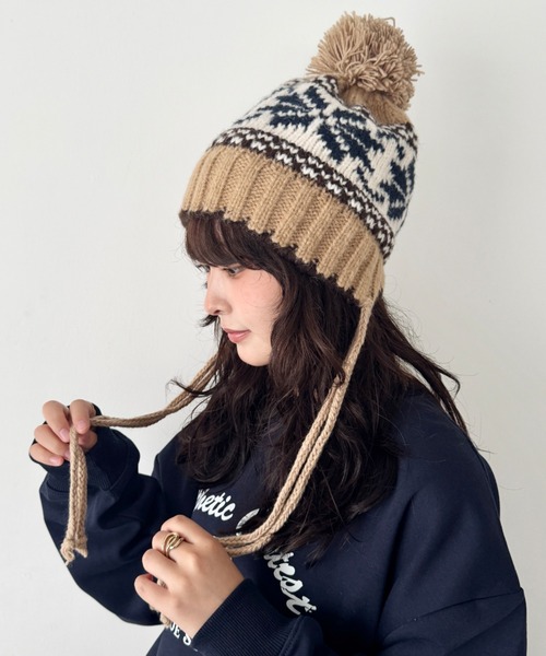 セール】ノルディック柄ニットビーニー（ニットキャップ/ビーニー