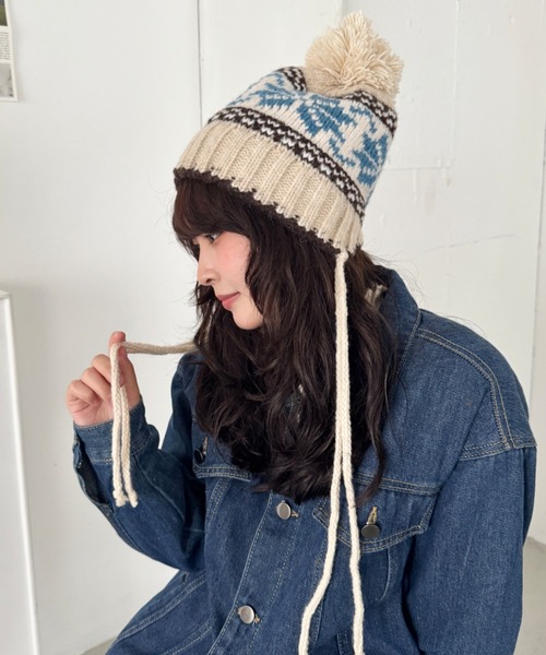 セール】ノルディック柄ニットビーニー（ニットキャップ/ビーニー