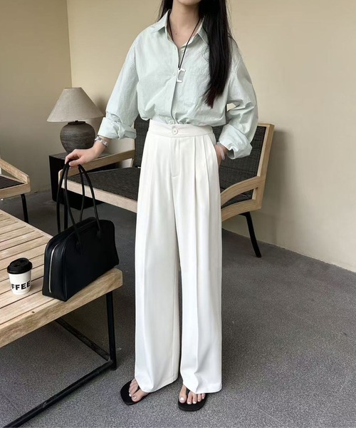 aimoha(アイモハ)の「ストレート タック ワイドパンツ(スラックス・レディース・レッド/ダークグレー/ダークベージュ/ブラック/ライトベージュ・MEDIUM/SMALL/LARGE)」の10枚目の写真