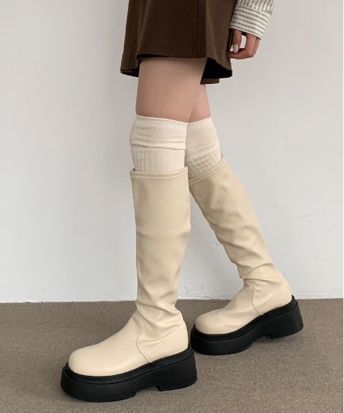 セール】ストレッチブロックヒールボリュームソールロングブーツ 美脚