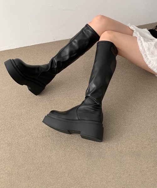 gossip!ロサンゼルス(ゴシップロサンゼルス)の「ストレッチブロックヒールボリュームソールロングブーツ 美脚効果 Y2K(ブーツ・レディース・オフホワイト/ブラック・S/M/L/XL)」の12枚目の写真