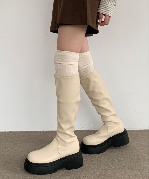 gossip!ロサンゼルス(ゴシップロサンゼルス)の「ストレッチブロックヒールボリュームソールロングブーツ 美脚効果 Y2K(ブーツ・レディース・オフホワイト/ブラック・S/M/L/XL)」の7枚目の写真