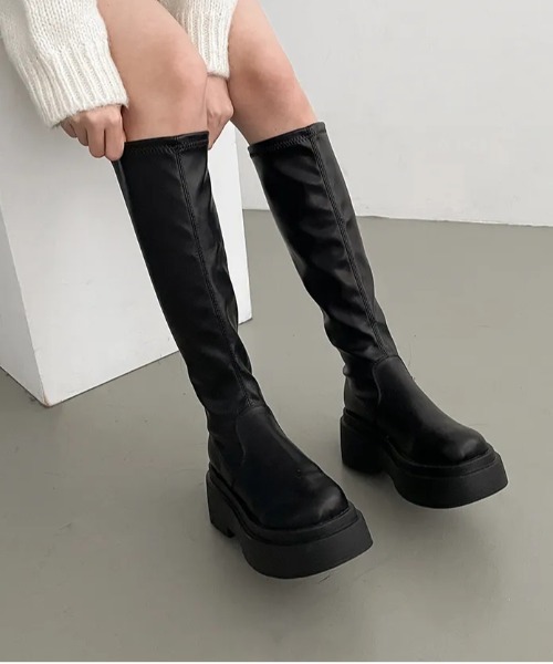 gossip!ロサンゼルス(ゴシップロサンゼルス)の「ストレッチブロックヒールボリュームソールロングブーツ 美脚効果 Y2K(ブーツ・レディース・オフホワイト/ブラック・S/M/L/XL)」の13枚目の写真