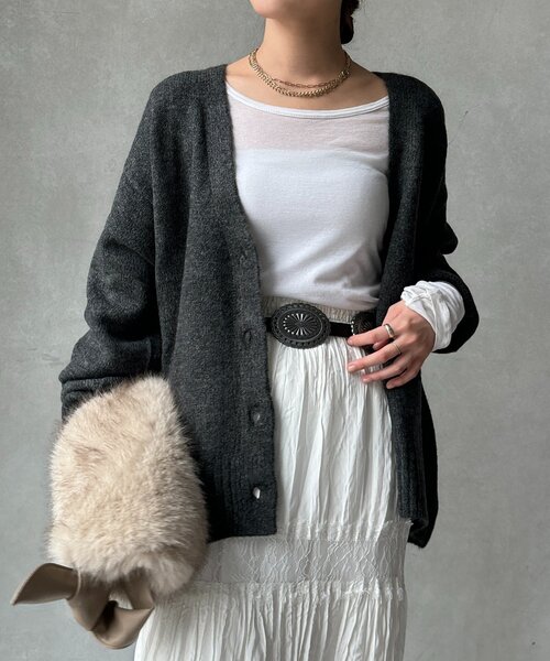 DouDou（ドゥドゥ）の「【WEB限定】Vネックワイドワイドカーディガン（カーディガン/ボレロ・レディース・レッド/キャメル/オフホワイト/チャコールグレー・FREE）」の5枚目の写真