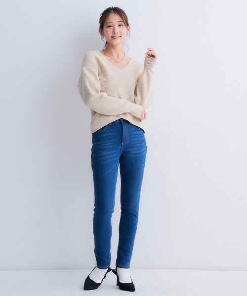 Petitjo(プッチージョ)の「小さいサイズ 裏フリースデニムストレッチパンツ(股下64cm・68cm) 低身長さん・小柄女性(デニムパンツ・レディース・ネイビー系/ネイビー・PS1/PM1/PL1/PSS2/PS2/PM2/PL2/LL/LLP/PSS1)」の9枚目の写真