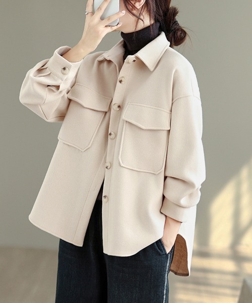 セール】配色ボタンポケット付きミドル丈ジャケット（カバーオール