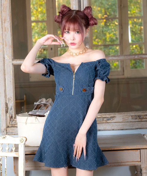 Tika（ティカ）の「[CLOSED] キャバドレス ミニ フレア 半袖 オフショルダー チェック柄 谷間 ジップ デニム パフスリーブ タックベルトドレス ワンピース キャバワンピ（ワンピース・レディース・ブルー・L/M/S/XL）」の15枚目の写真