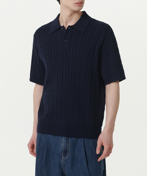 MUSINSA STANDARD（ムシンサスタンダード）の「ケーブルニットポロシャツ[ネイビー]（ニット/セーター・メンズ・その他・XX-LARGE/LARGE/MEDIUM/X-LARGE）」の2枚目の写真