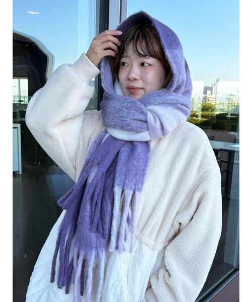 ehka sopo（エヘカソポ）の「ふわもこマフラー太フリンジチェック（ストール/ショール・レディース・パープル/ベージュ/グリーン・F）」の14枚目の写真