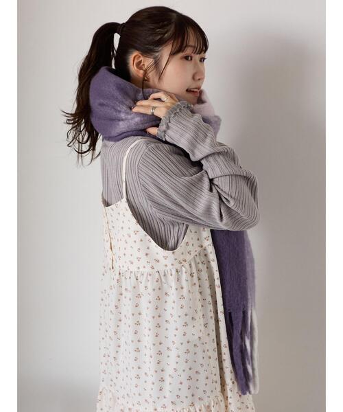 ehka sopo（エヘカソポ）の「ふわもこマフラー太フリンジチェック（ストール/ショール・レディース・パープル/ベージュ/グリーン・F）」の22枚目の写真