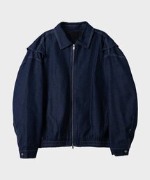 ステッチオーバーレイドリズル切り替えデニムジャケットジャンパー[ブルー]