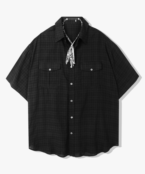 S SY(エスエスワイ)の「ウォッシュドチェックリネン2ポケットルーズフィットハーフシャツブラック(シャツ/ブラウス・メンズ・その他・MEDIUM/LARGE/SMALL)」の2枚目の写真