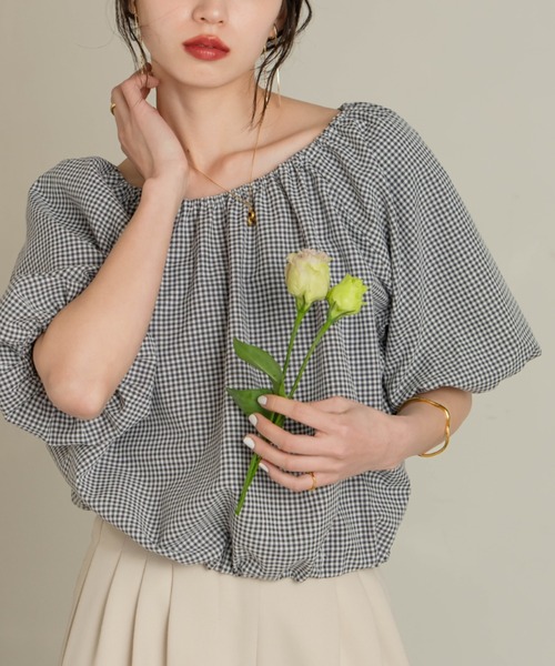 hinari(ヒナリ)の「バルーンギャザーブラウス(シャツ/ブラウス・レディース・チェック/オフホワイト/サックスブルー・FREE)」の20枚目の写真