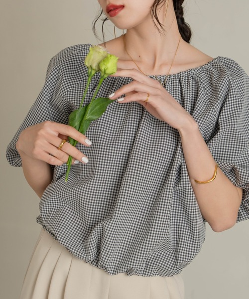 hinari(ヒナリ)の「バルーンギャザーブラウス(シャツ/ブラウス・レディース・チェック/オフホワイト/サックスブルー・FREE)」の19枚目の写真
